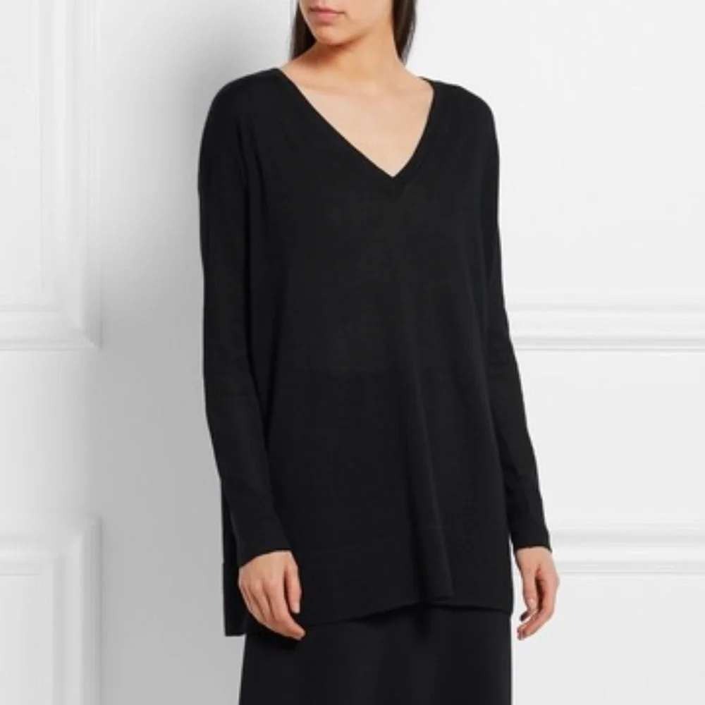 THE ROW Amherst Black Cashmere Silk V-Neck Oversized Sweater  Made in USA XS